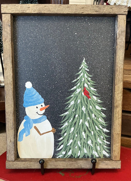 Snowman & snowy tree, cardinals