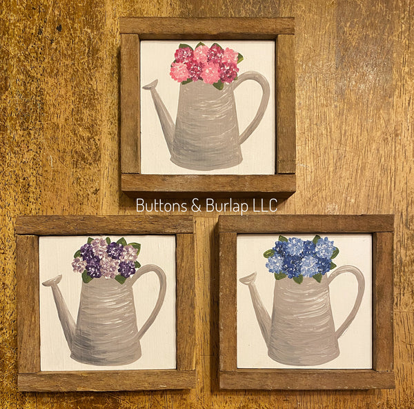 Hydrangeas in watering can mini shelf sitters