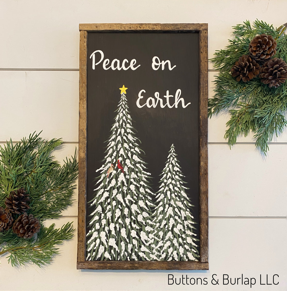 Peace on Earth, snowy trees & cardinals Buttons & Burlap LLC