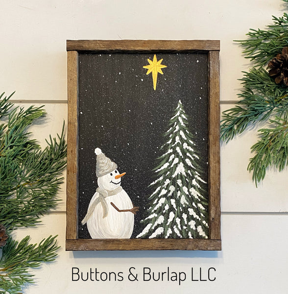 Snowman, snowy tree & gold star
