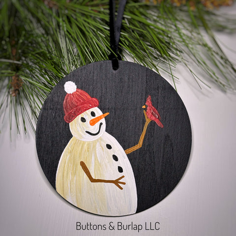 Snowman & cardinal wood ornament