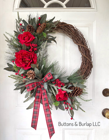 Christmas wreath, plaid ribbon