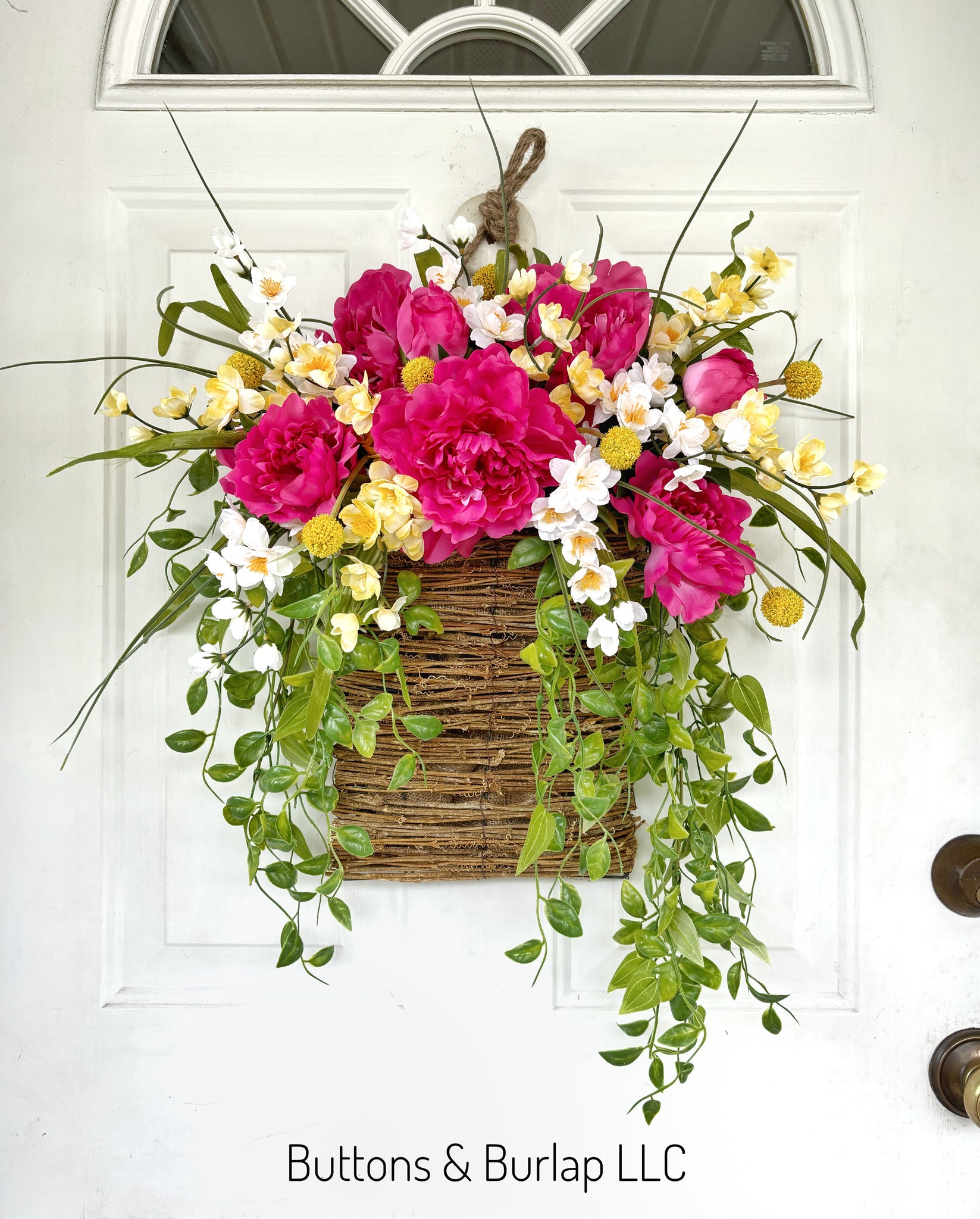 Pink peony & wildflower basket wreath