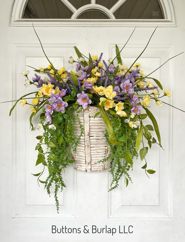 Purple & yellow, white basket wreath