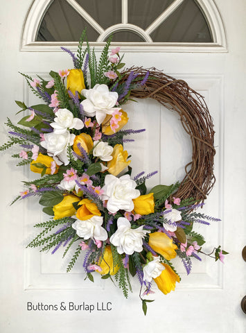 Yellow tulip and lavender Spring wreath