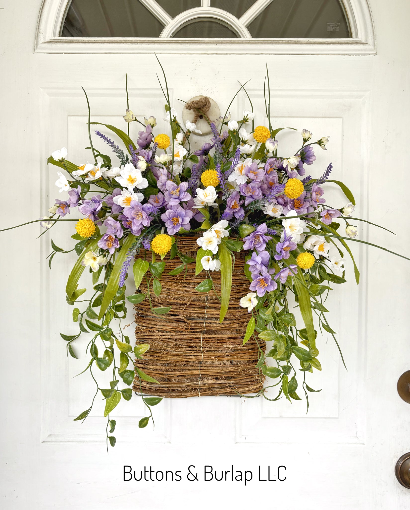 Purple & white wildflower basket wreath