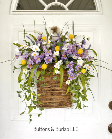 Purple & white wildflower basket wreath