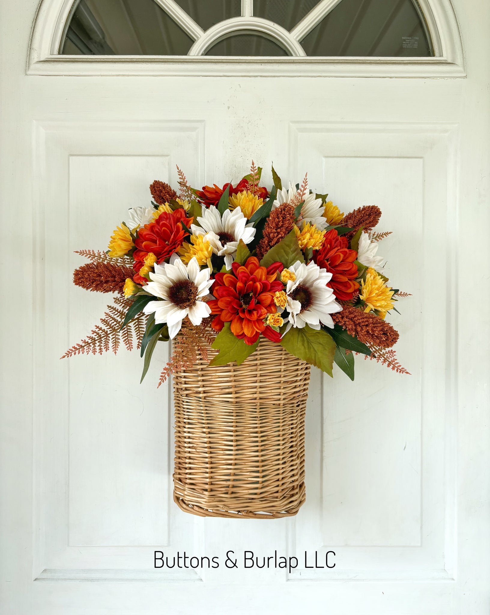 White Sunflower seeded stem fall basket wreath