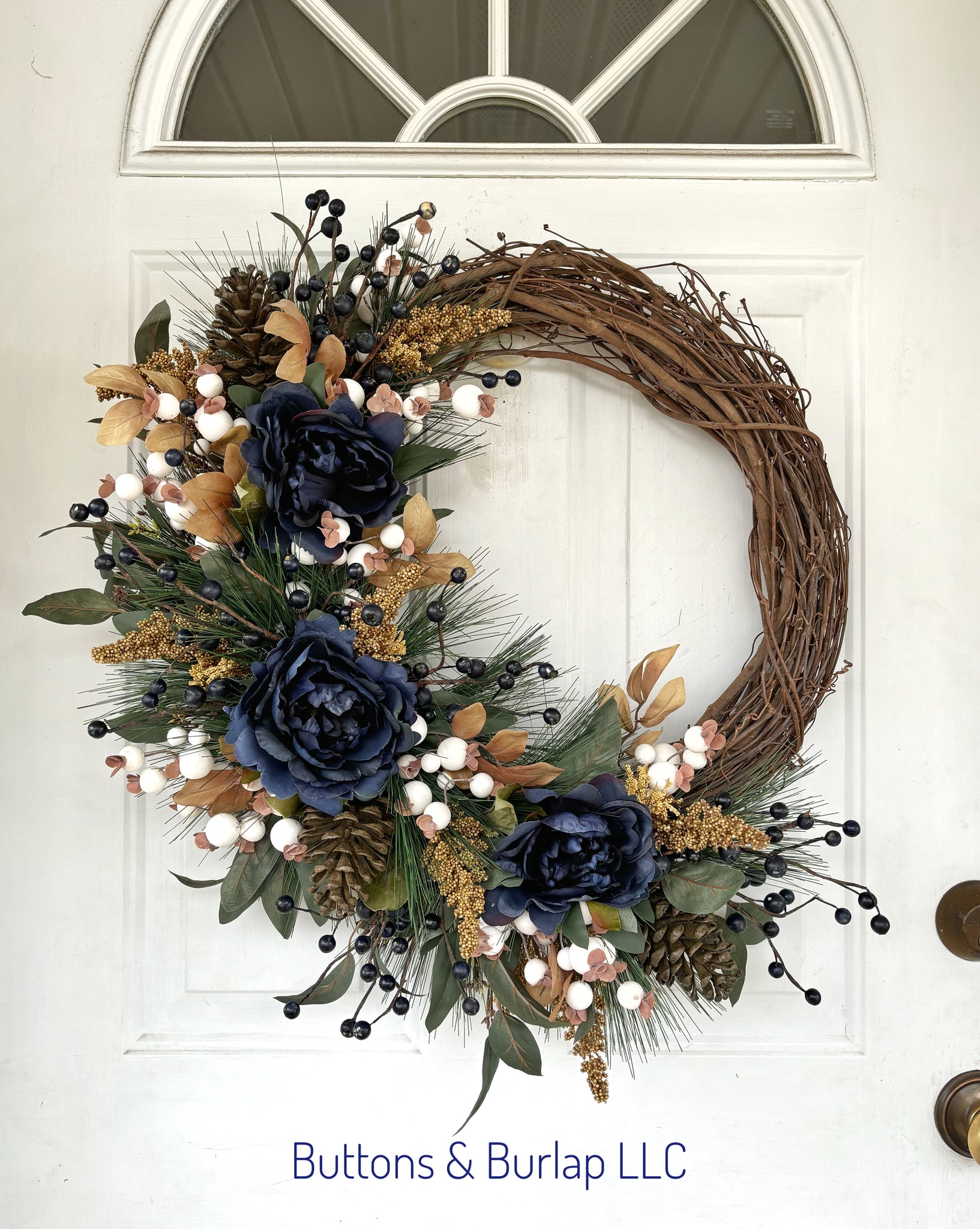 Winter wreath with navy florals & berries