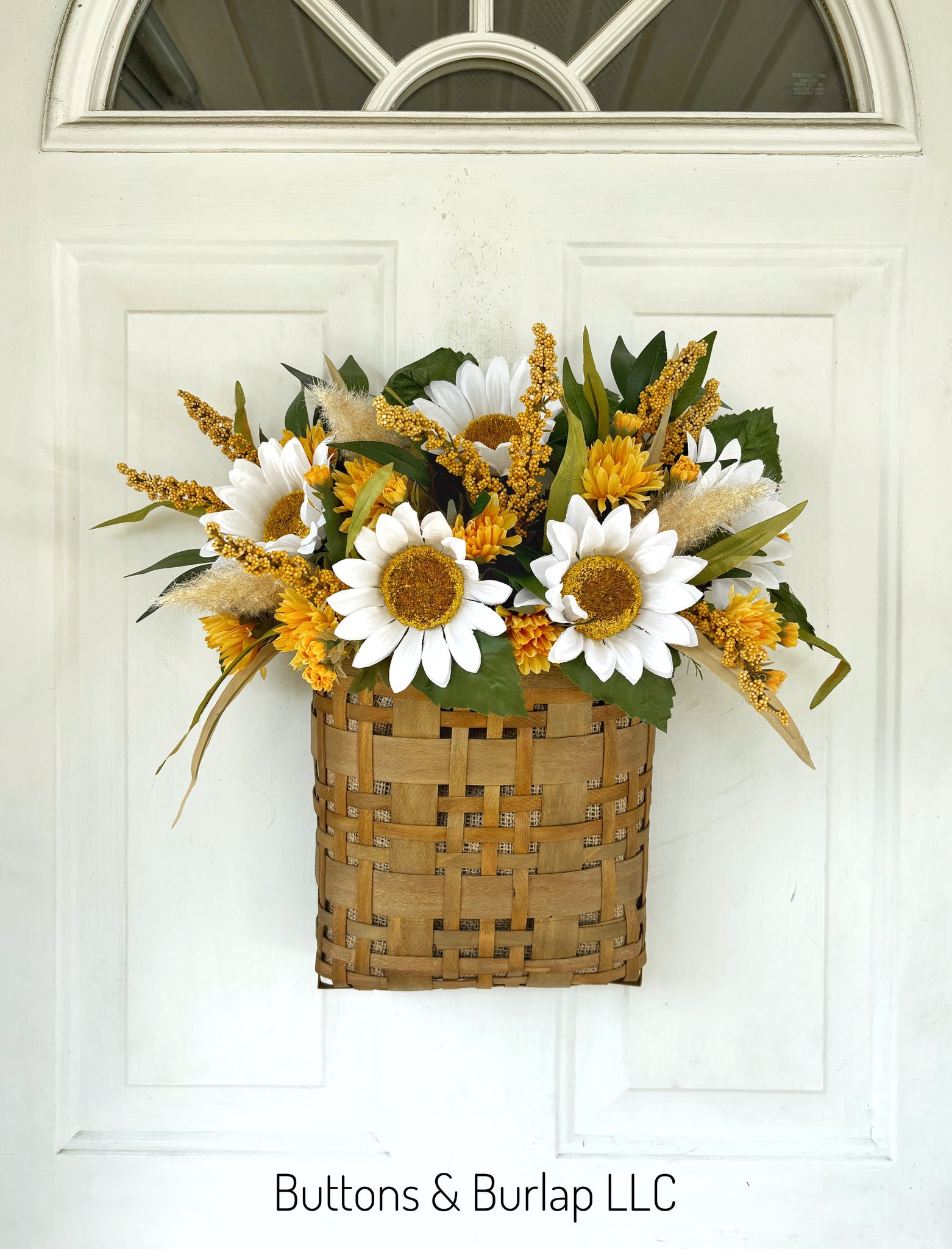 White Sunflower & mum fall basket wreath