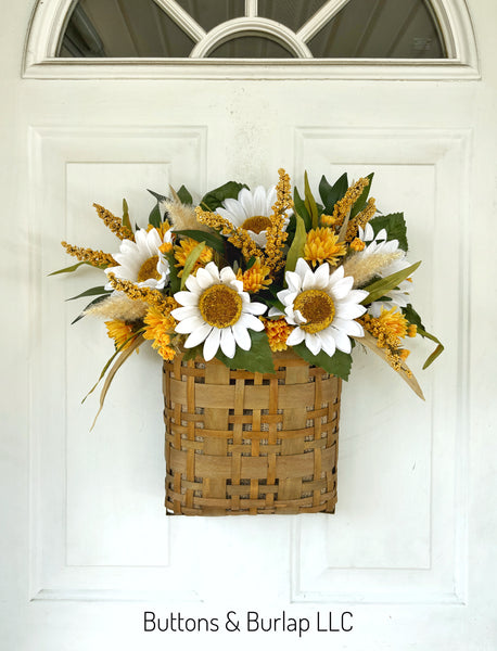 White Sunflower & mum fall basket wreath