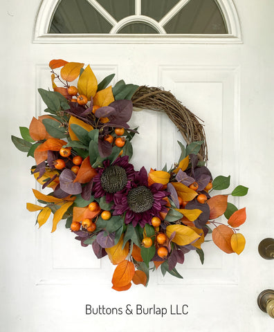 Purple sunflower, orange leaves fall wreath