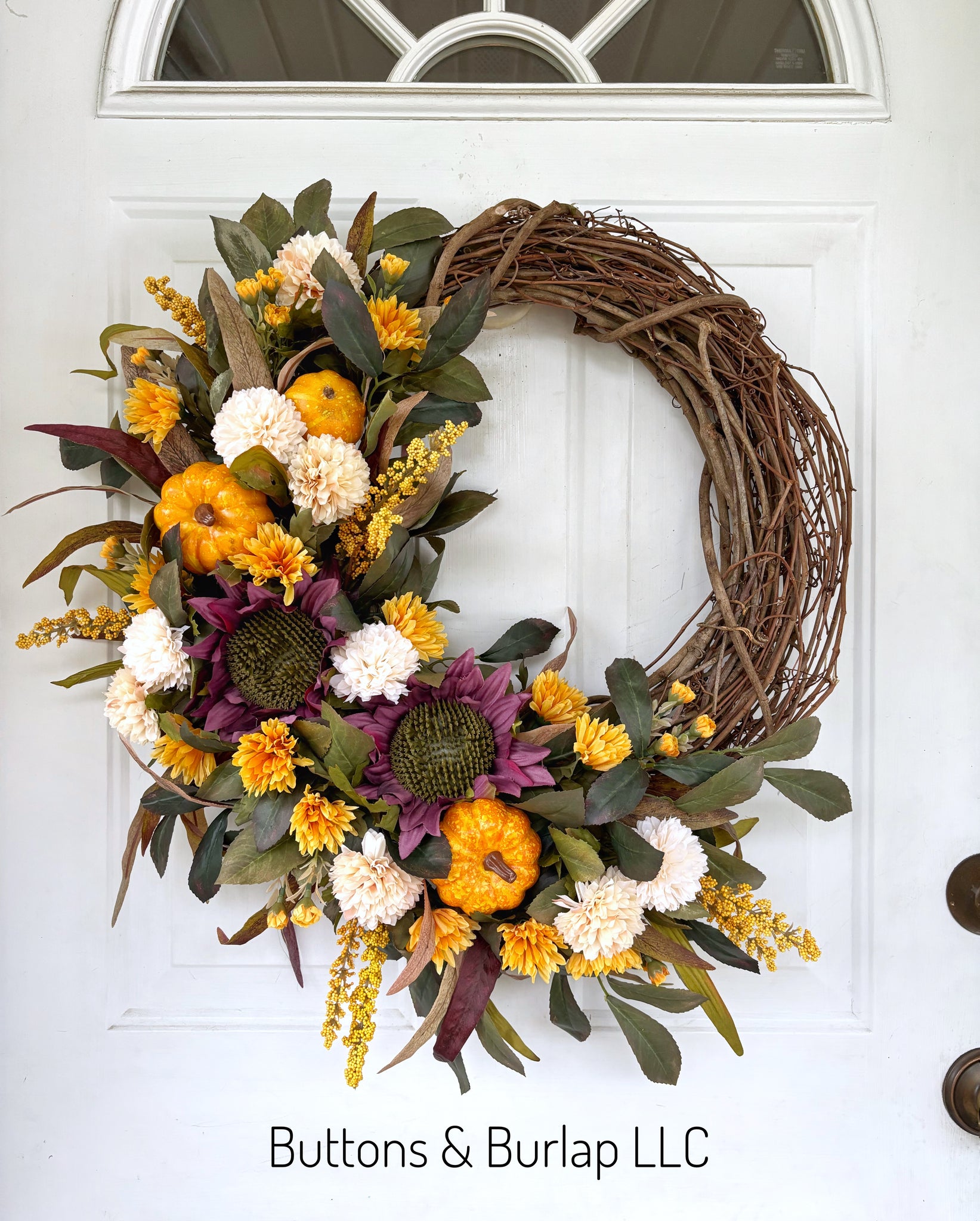 Purple sunflowers & pumpkins fall wreath