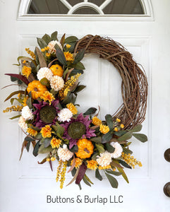 Purple sunflowers & pumpkins fall wreath