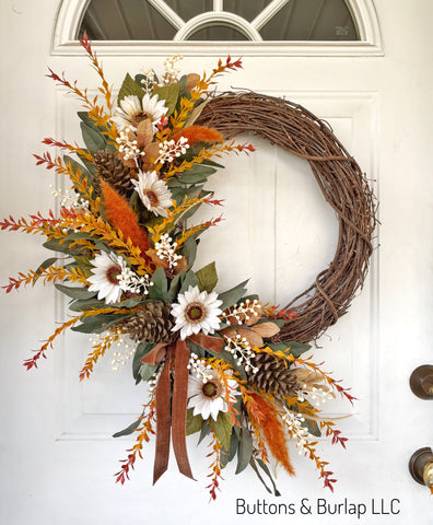 White sunflowers faux pinecones fall wreath