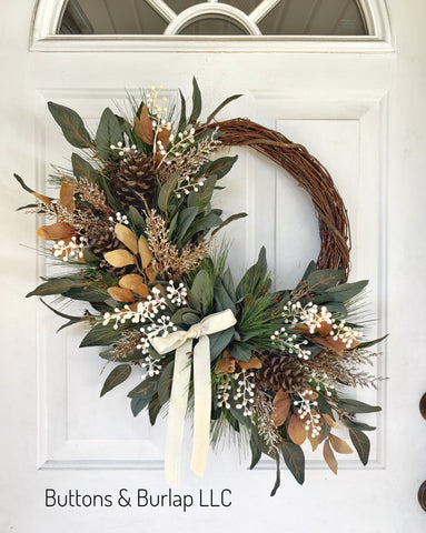 Christmas wreath, white berries & pinecones