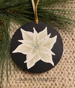 Christmas white poinsettia wood ornament