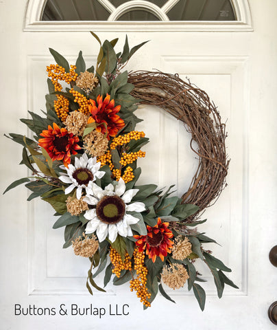 White & Orange sunflowers fall wreath