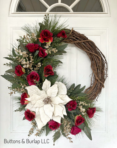 Christmas wreath, white velvet poinsettia