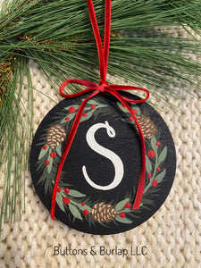 Christmas wreath Monogram wood ornament