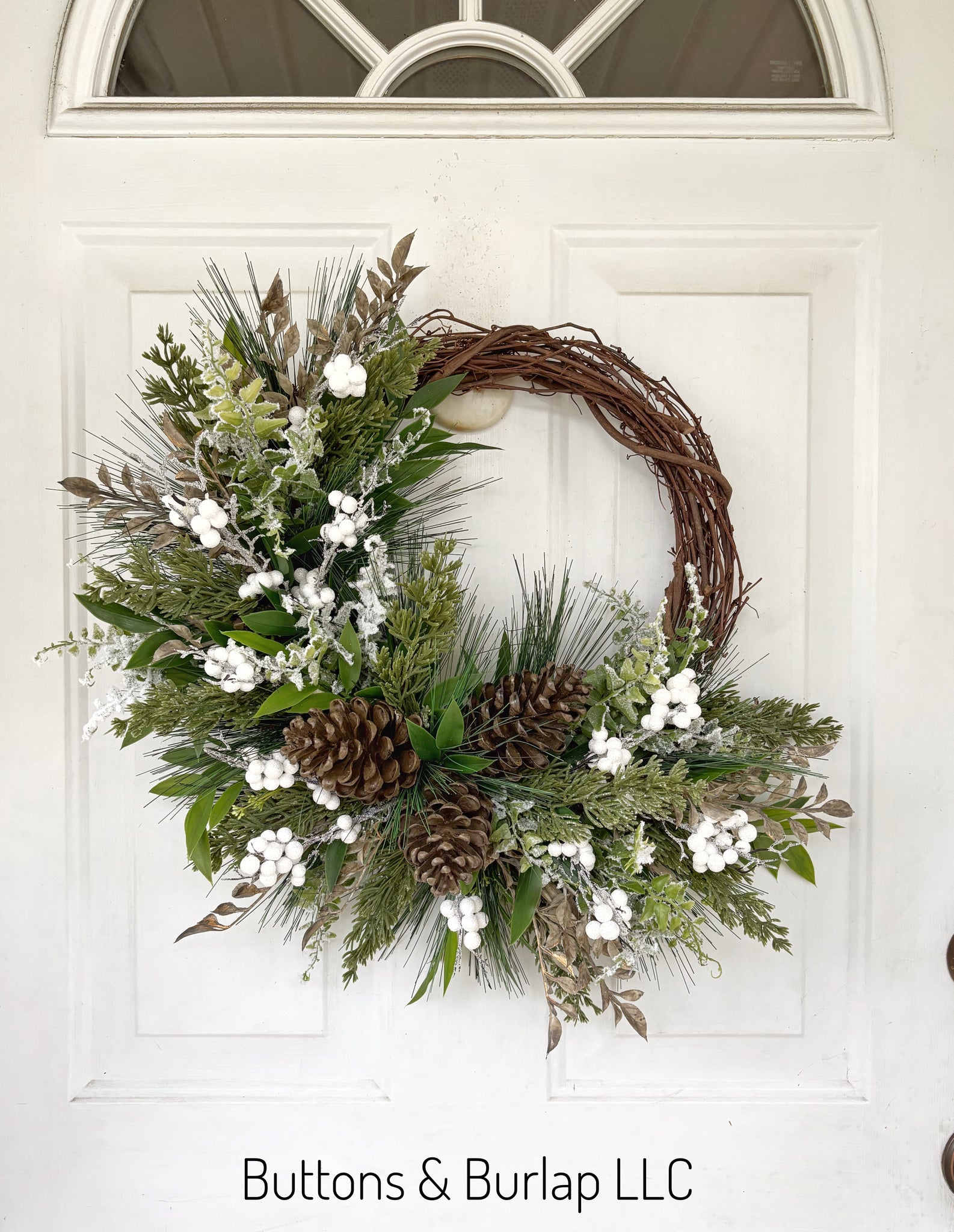 Christmas/winter wreath, white berries & pinecones