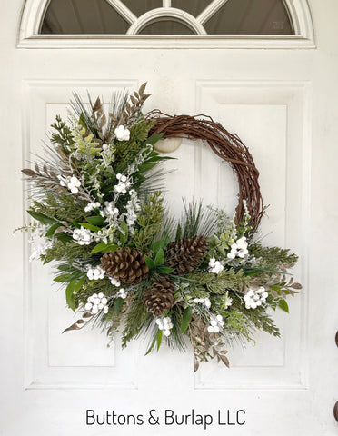 Christmas/winter wreath, white berries & pinecones