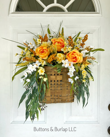 Yellow wildflower and orange rose basket wreath