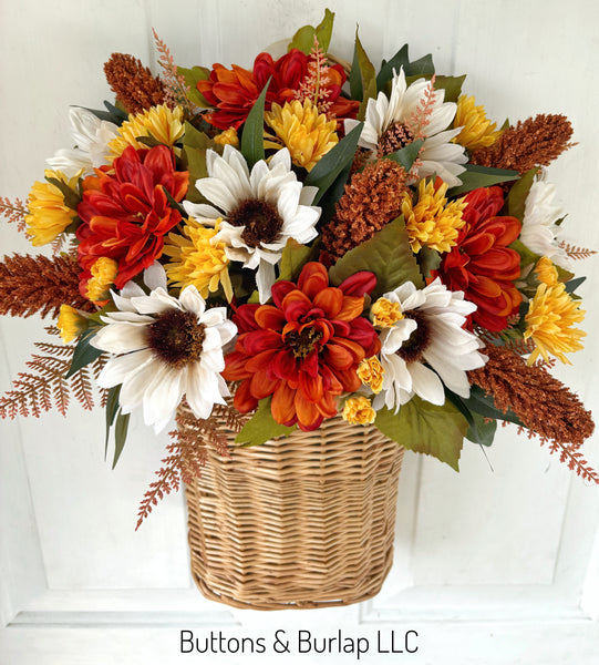 White Sunflower seeded stem fall basket wreath