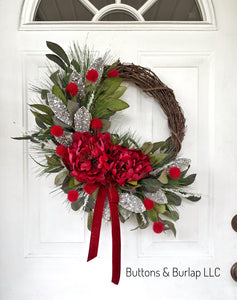 Christmas wreath, glittered leaves & velvet bow