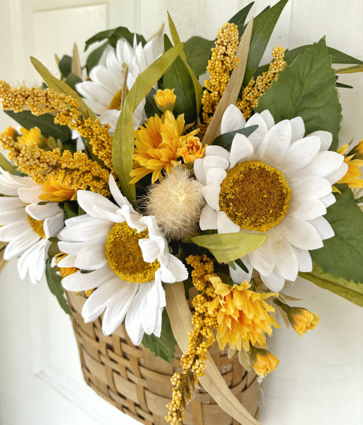 White Sunflower & mum fall basket wreath