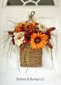 Sunflower & peony fall basket wreath