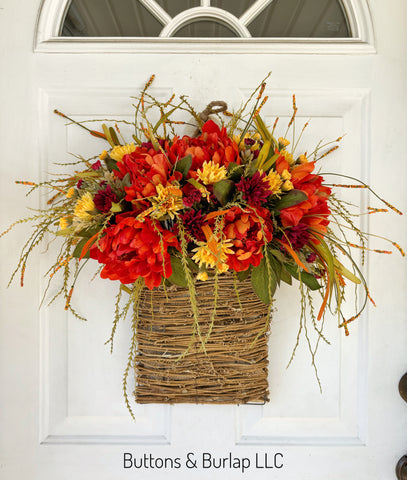 Orange peonies fall basket wreath