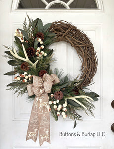 Christmas wreath, cream berries & antlers