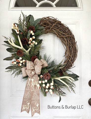 Christmas wreath, cream berries & antlers