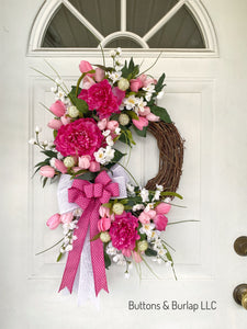 Pink peonies and tulips Spring wreath