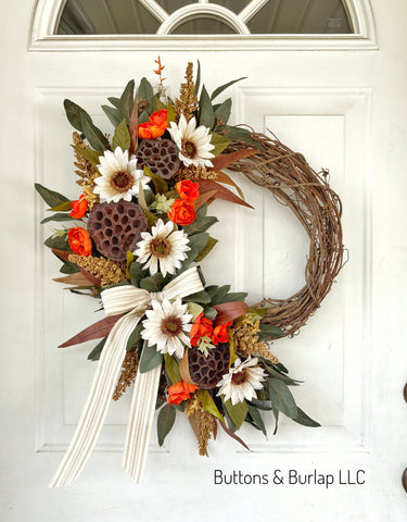 White sunflowers, seeded stems fall wreath