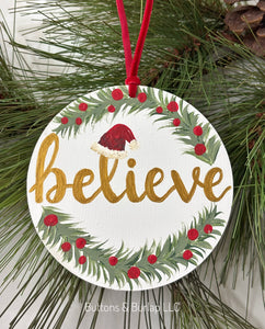 Believe with Santa hat, wood ornament