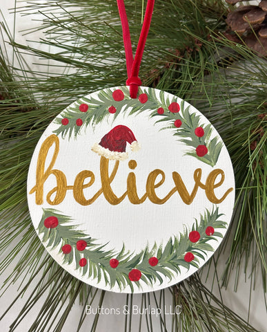 Believe with Santa hat, wood ornament