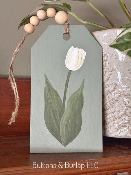 Spring white tulip wood tag