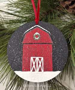 Red barn with snow wood ornament