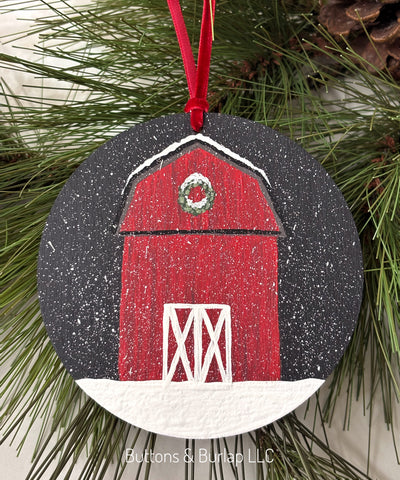 Red barn with snow wood ornament