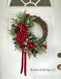 Christmas wreath, peonies & red velvet bow
