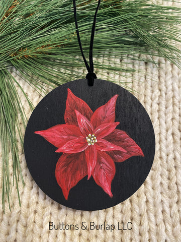 Christmas red poinsettia wood ornament