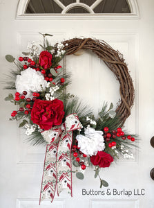 Christmas wreath, cardinal ribbon & peonies