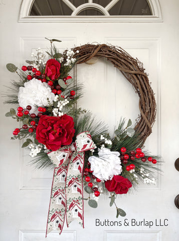 Christmas wreath, cardinal ribbon & peonies