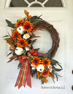Orange sunflowers & pumpkins fall wreath
