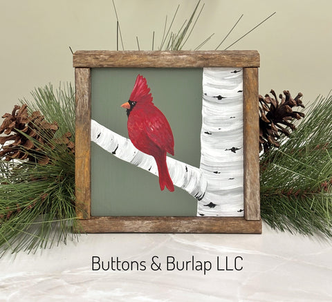 Birch tree with cardinal shelf sitter