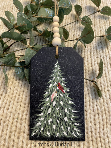 Snowy tree with cardinals wood tag