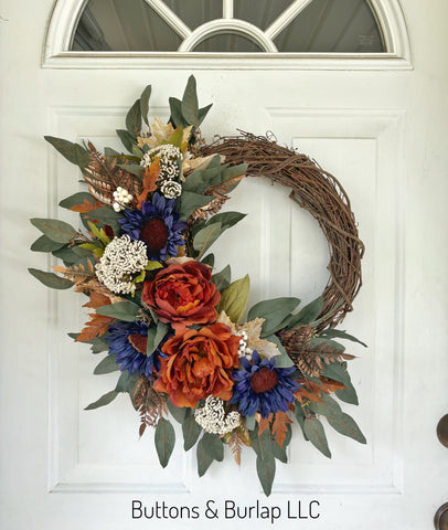 Eucalyptus & navy sunflowers fall wreath