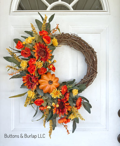 Orange sunflowers & faux pumpkin fall wreath